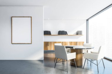 Beyaz duvarları, beton zemini, beyaz sandalyeli yuvarlak masası ve kitaplığı olan modern ev kütüphanesi. Tahta dolaplar. Bulanık şehir manzaralı bir pencere. Dikey maket posteri. 3d oluşturma