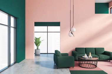 Pembe ve yeşil duvarları olan şık bir oturma odası, beton zemin, yuvarlak sehpanın yanındaki rahat yeşil kanepe ve koltuk ve bulanık manzaralı büyük pencereler. 3d oluşturma
