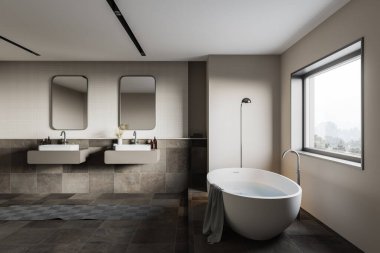 Modern banyo, bej ve fayanslı duvarlar, rahat küvet ve aynalı çift lavabo. Bulanık dağ manzaralı bir pencere. 3d oluşturma
