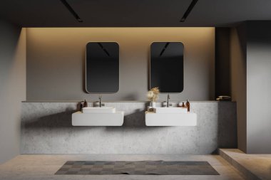 Gri ve taş duvarları olan şık bir banyo, beyaz raflarda duran rahat bir çift lavabo ve iki ayna. 3d oluşturma