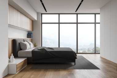 Beyaz ve ahşap duvarlı rahat yatak odası, tahta zemin, gri halıda duran kral yatağı ve iki komodinli yatak odası. Bulanık dağ manzarası. 3d oluşturma