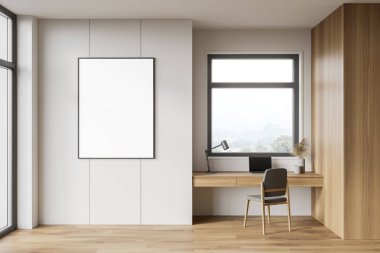 Beyaz ve ahşap duvarlı modern ofis, ahşap zemin, pencerenin yanında bulanık dağ manzaralı gri sandalyeli rahat bilgisayar masası. Posteri düzenle. 3d oluşturma