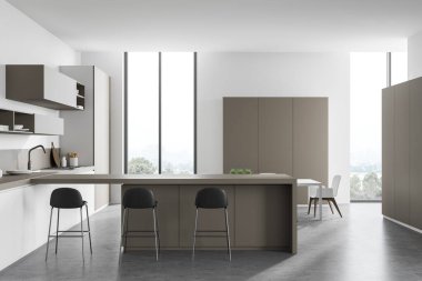 Beyaz duvarları, beton zemini, bej dolapları, beyaz tezgahları, tabureli barları ve koltuklu beyaz yemek masası olan modern mutfağın içi. Bulanık dağ manzarası. 3d oluşturma
