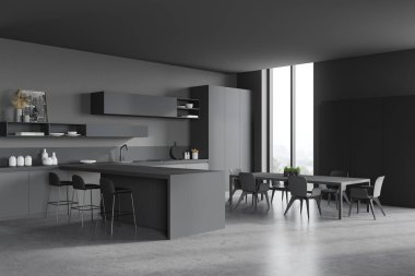 Şık mutfak gri duvarlarının köşesi, beton zemin, koyu gri dolaplar, tezgahlar, tabureli bar ve koltuklu uzun yemek masası. Bulanık dağ manzarası. 3d oluşturma