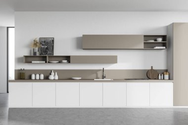 Beyaz duvarları, beton zemini, beyaz tezgahları, bej dolapları ve New York şehir manzaralı posteri olan modern mutfağın içi. 3d oluşturma