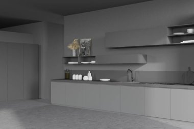 Gri duvarları, beton zemini, koyu gri tezgahları, dolapları ve New York manzaralı posterleri olan şık bir mutfağın köşesi. 3d oluşturma