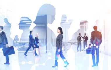 Modern ofiste çalışan bulanık iş adamları çift taraflı dijital grafikle çalışıyor. Takım çalışması ve borsa kavramı. Tonu ayarlanmış resim