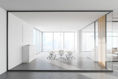 Beyaz ve cam duvarlı modern toplantı odasının içi beton zemin beyaz sandalyeli ve ahşap kapılı uzun toplantı masası. Bulanık şehir manzaralı bir pencere. 3d oluşturma
