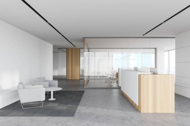 Beyaz ve cam duvarlı panoramik ofis, beton zemin ve iki bilgisayarlı şık resepsiyon masası. Açık alan ve arka planda toplantı odası. Bulanık şehir manzarası. 3d oluşturma