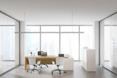 Beyaz ve cam duvarlı panoramik CEO ofisi, beton zemin ve ziyaretçiler için sandalyeli bilgisayar masası. Bulanık şehir manzarası. 3d oluşturma