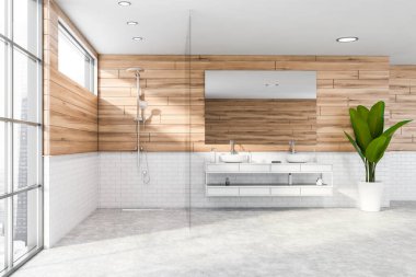 Modern banyonun içinde ahşap ve beyaz tuğla duvarlar, beton zemin, beyaz tezgahta duran çift lavabo, büyük ayna ve duş kabini. 3d oluşturma