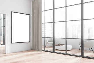 Geniş panoramik odanın köşesinde dikey model poster ve büyük beyaz balkon var. Yuvarlak sehpanın yanında duran beyaz koltuklar. Bulanık şehir manzarası. 3d oluşturma