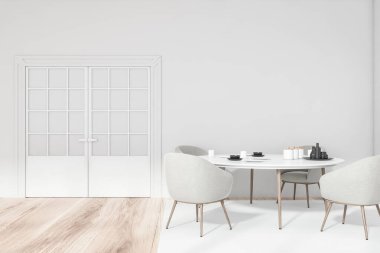 Minimalist yemek odasının içinde beyaz duvarlar, ahşap zemin, beyaz koltuklar ve kapalı kapılar var. 3d oluşturma