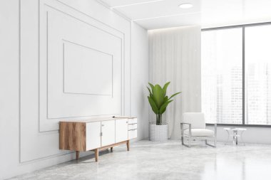 Beyaz duvarları, beton zemini, beyaz dolabı ve yuvarlak kahve masasının yanındaki koltuğu olan modern oturma odasının köşesi. Bulanık şehir manzaralı bir pencere. 3d oluşturma