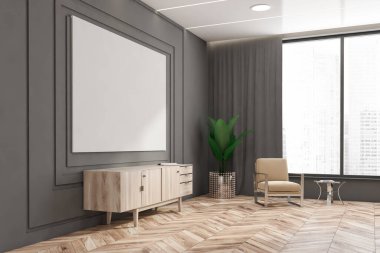 Gri duvarları, ahşap zemini, dolabı ve yuvarlak kahve masasının yanındaki bej koltuğu olan modern oturma odasının köşesi. Büyük yatay model poster çerçevesi. 3d oluşturma