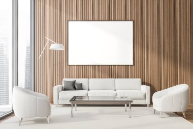 Odanın içinde ahşap duvarları, yerde lamba bulunan beyaz koltuklar ve cam sehpanın yanındaki rahat kanepe. Bulanık şehir manzaralı panoramik pencere. Yatay maket posteri. 3d oluşturma