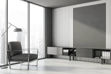 Beyaz ve gri duvarları olan ofis bekleme odasının köşesi, ahşap zemin, yer lambası ve dosya dolabı olan rahat gri koltuk. Bulanık şehir manzarası. 3d oluşturma