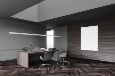 Gri ve ahşap duvarları olan modern CEO ofisinin köşesi, koyu ahşap zemin ve ziyaretçiler için sandalyeli bilgisayar masası. Dikey maket posteri. 3d oluşturma