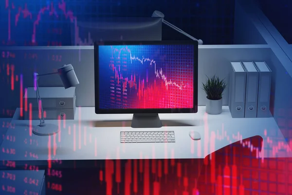 オフィステーブルの上に立っている現代のコンピュータ画面は ぼやけた減少デジタルグラフの二重暴露 取引と金融危機の概念 3Dレンダリングトーン画像 — ストック写真