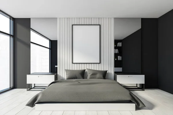 Interior Panoramic Master Bedroom White Black Walls Wooden Floor Comfortable — Stock Photo, Image