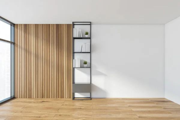 Interior Biblioteca Casa Minimalista Com Paredes Brancas Madeira Piso Madeira — Fotografia de Stock