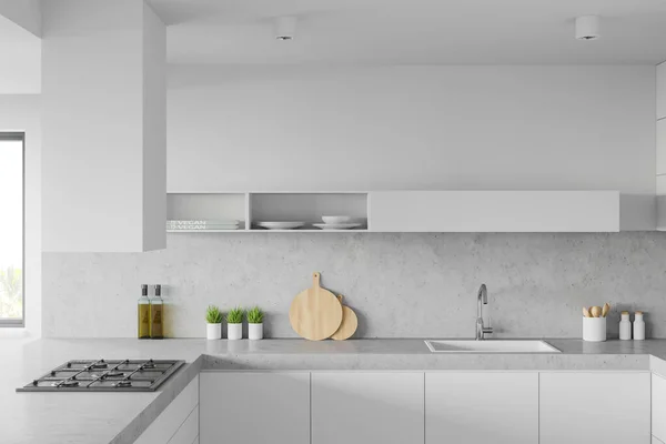 Interno Cucina Moderna Con Pareti Bianche Pietra Comodi Controsoffitti Bianchi — Foto Stock