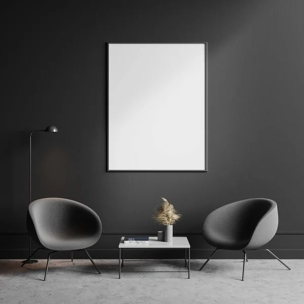 简约的客厅的内部 有深灰色的墙壁 混凝土地面 两个舒适的灰色扶手椅 靠近正方形的咖啡桌 上面有垂直的模拟海报 3D渲染 — 图库照片