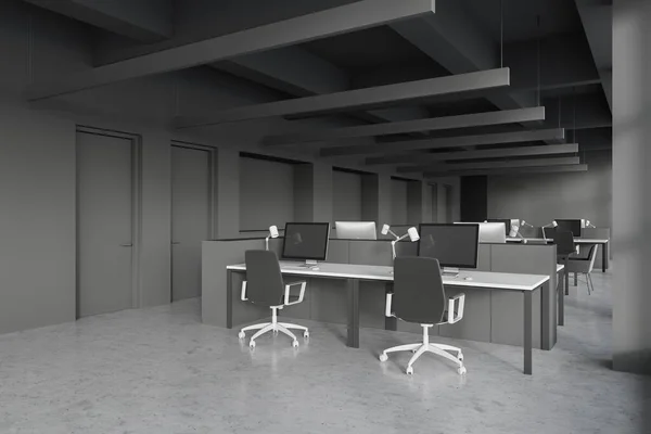 Interior Open Space Office Grey Walls Concrete Floor Rows White — Stock Photo, Image