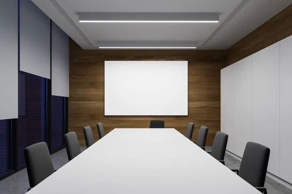 白と木製の壁 コンクリートの床 グレーの椅子と水平方向のモックアップポスターと長い会議室のインテリア 3Dレンダリング — ストック写真