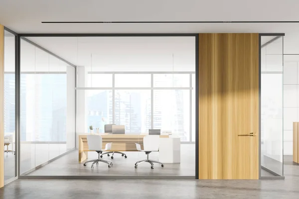Interior of panoramic CEO office with white and glass walls, concrete floor, wooden door and computer table with chairs for visitors. Blurry cityscape. 3d rendering