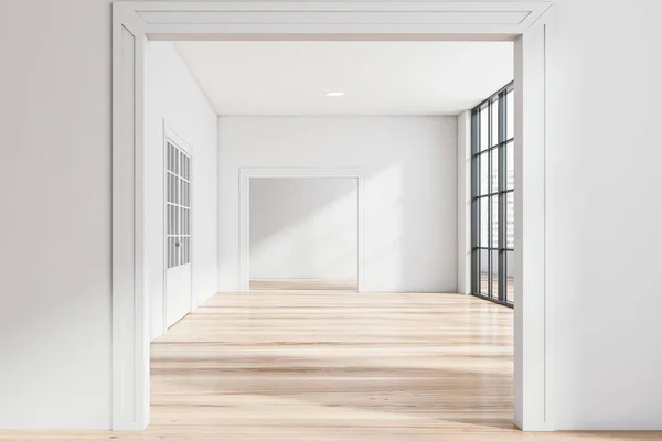 Interior Apartamento Vacío Con Paredes Blancas Suelo Madera Amplias Puertas —  Fotos de Stock
