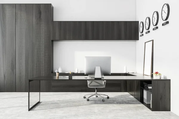 Interior Modern Ceo Office White Walls Concrete Floor Dark Wooden — Stock Photo, Image