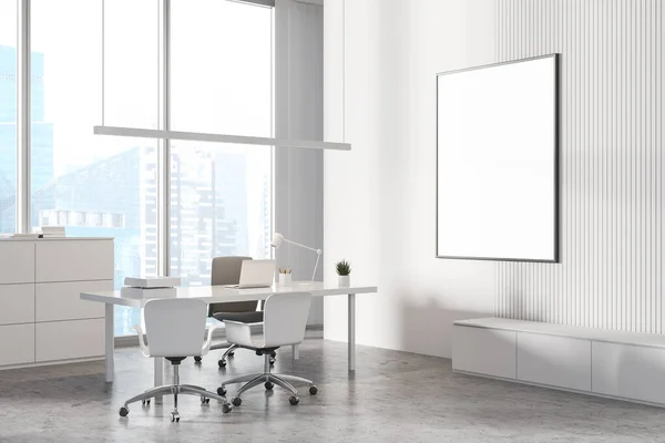 Corner of panoramic CEO office with white walls, concrete floor, white computer table with chairs for visitors and window with blurry cityscape. Vertical mock up poster frame. 3d rendering