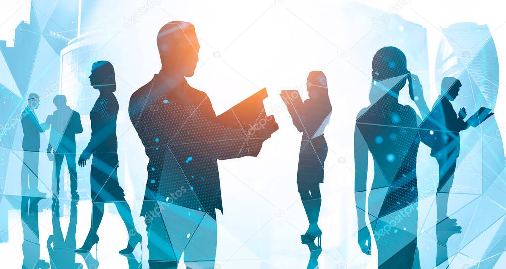 Silhouette of businessman with clipboard and his teammates working together in blurry Moscow city. Concept of network and business team. Toned image double exposure