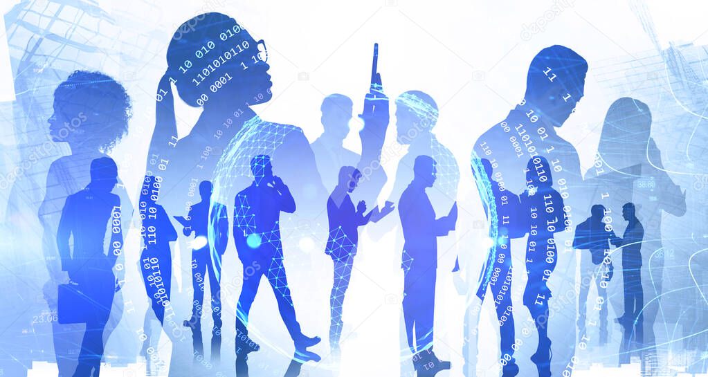 Diverse business people using gadgets and working in abstract city with double exposure of blurry network interface and planet hologram. Concept of internet and international partnership. Toned image