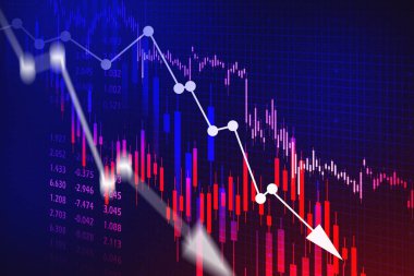 Bulanık dijital grafik arayüzü beyaz okla koyu mavi arkaplan üzerinde. Borsa ve finansal kriz kavramı. 3d rengarenk resim çift pozlama