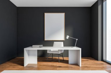 Koyu gri duvarları, ahşap zemini, bulanık şehir manzaralı panoramik penceresi ve beyaz mermer masası olan minimalist CEO ofisinin içi. Dikey model poster çerçevesi. 3d oluşturma