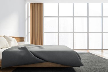 Modern İskandinav tarzı yatak odası beyaz ve ahşap duvarlar, rahat kral yatağı, panoramik pencere ve kitaplık. Bulanık şehir manzarası. 3d oluşturma