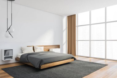 Modern İskandinav tarzı yatak odasının köşesinde beyaz ve ahşap duvarlar, rahat kral yatağı, panoramik pencere ve kitaplık. Bulanık şehir manzarası. 3d oluşturma