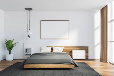 Modern İskandinav tarzı yatak odası, beyaz ve tahta duvarlar, rahat kral yatağı, panoramik pencere ve kitaplık. Yatay maket posteri. 3d oluşturma