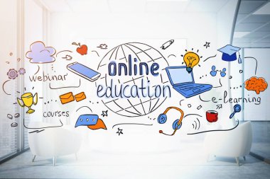 Bulanık oturma odası arka planına çizilmiş yaratıcı ve renkli çevrimiçi eğitim skeci. E-öğrenme ve modern teknoloji kavramı. 3d rengarenk resim çift pozlama