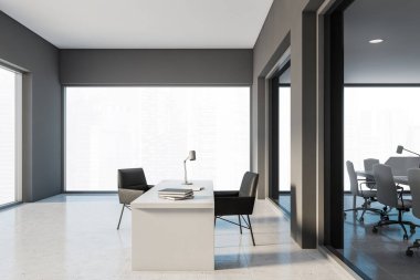 Gri duvarları, fayanslı zemini, bulanık şehir manzaralı panoramik penceresi ve siyah sandalyeli kocaman masası olan şık CEO ofisi. Liderlik kavramı. 3d oluşturma
