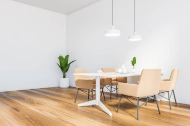 Beyaz duvarları, ahşap zemini, bej koltukları ve saksısı olan beyaz masası olan modern minimalist yemek odasının köşesi. 3d oluşturma