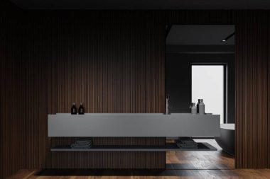 Gri ve koyu ahşap duvarlı, ahşap zeminli ve dikey aynalı büyük gri lavabolu İskandinav tarzı banyo. 3d oluşturma