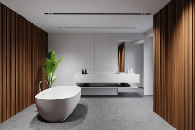 Beyaz ve ahşap duvarlı şık İskandinav banyosu, beton zemin, yer lambalı rahat küvet ve aynalı büyük beyaz lavabo. 3d oluşturma