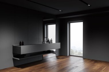 Gri duvarları olan şık banyonun köşesi, koyu ahşap zemin ve dikey aynalı büyük gri lavabo. 3d oluşturma