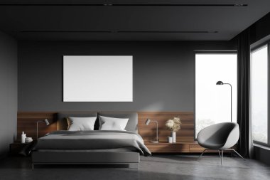 Modern İskandinav tarzı yatak odasının içinde gri ve ahşap duvarlar, beton zemin, gri kral yatağı, rahat koltuk ve sahte poster. 3d oluşturma