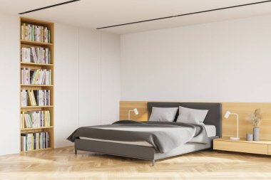 Modern İskandinav tarzı yatak odasının köşesinde beyaz ve ahşap duvarlar, ahşap zemin, gri kral yatağı ve kitaplığı var. 3d oluşturma