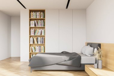 Beyaz ve ahşap duvarları, ahşap zemini, gri kral yatak ve kitaplığı olan modern İskandinav tarzı yatak odası. 3d oluşturma