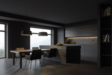 Gri ve taş duvarları, gri tezgahları, koyu ahşap dolapları, rahat bir adası, yemek masası ve kitaplığı olan şık bir mutfağın köşesi. Bulanık dağ manzaralı bir pencere. 3d oluşturma